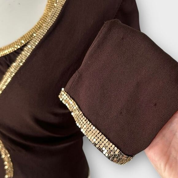 Vintage Y2K bebe Halter Top & Cardigan Set with Gold Chain Trim Brown Sz S/M - Picture 8 of 16